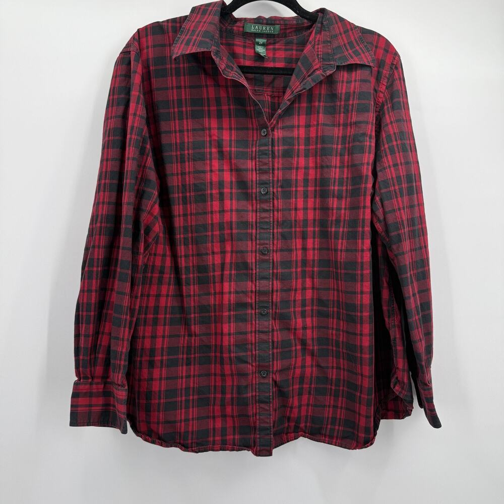 Lauren‎ Ralph Lauren Shirt Womens 2X Red Black Plaid Button Front Long Sleeve